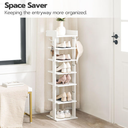 HOOBRO Vertical Shoe Rack, 7 Tier Shoe Storage Organizer with Hooks, Narrow Shoe Rack for 7 Pairs, Space Saving, Stable and Strong, for Entryway