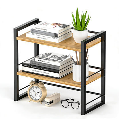 SunshineFace 2-Tier Desk Shelf Organizer, Small Bookcase for Desktop Storage, Wooden Bookshelf with Metal Frame for Office Supplies, Books