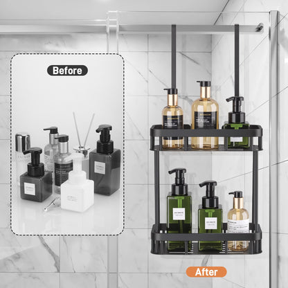 MICHIHOMIE Shower Caddy Hanging, 2 Tier Hanging Shower Organiser No Drilling, Stainless Steel Black Bathroom Storage Basket for Shampoo, Conditioner