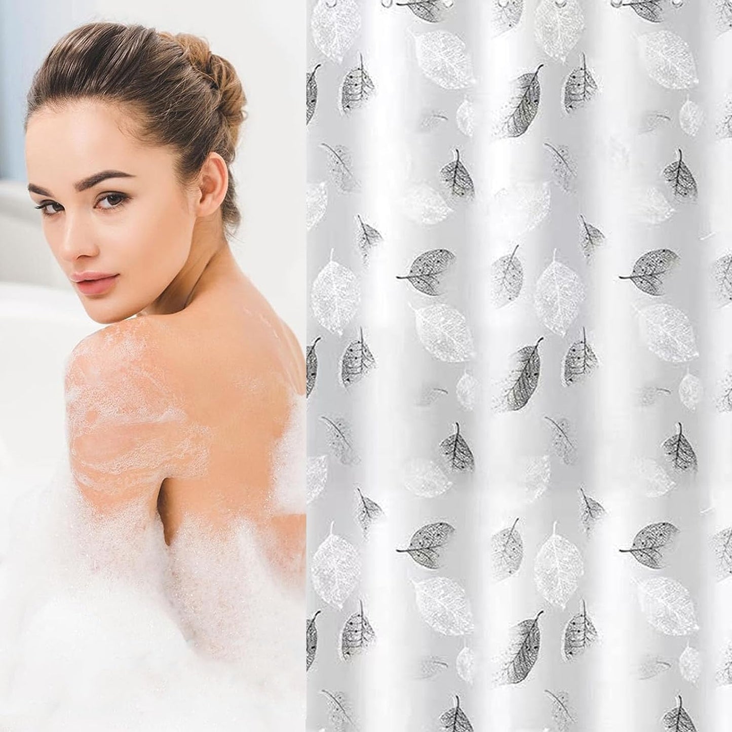 Shower Curtain for Bathroom, 100% Polyester Waterproof Mould Proof Resistant Fabric, 180 x 180cm PEVA Bathroom Curtains with Grommets & 12 Pcs Hooks