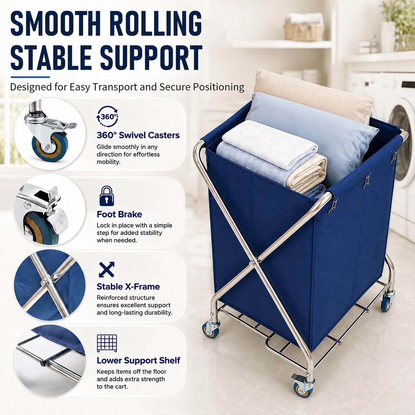 WUDLEP Laundry Hamper with Wheels, Folding Linen Collection Cart