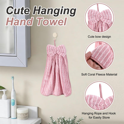 sourcing map 2Pcs Bow Hand Towels with Hanging Loop, 14.2" x 11.8" Soft Coral Fleece Microfiber Bowknot Hanging Hand Dry Towels Quick Dry and