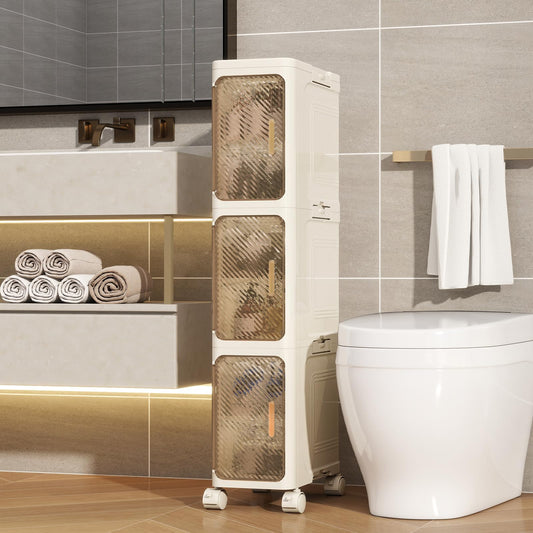 Tronkle Slim Bathroom Cabinet,3 Tiers Bathroom Storage Cabinet,Foldable Storage Cabinets,Narrow Bath Storage,Movable Toilet Storage Organizer for