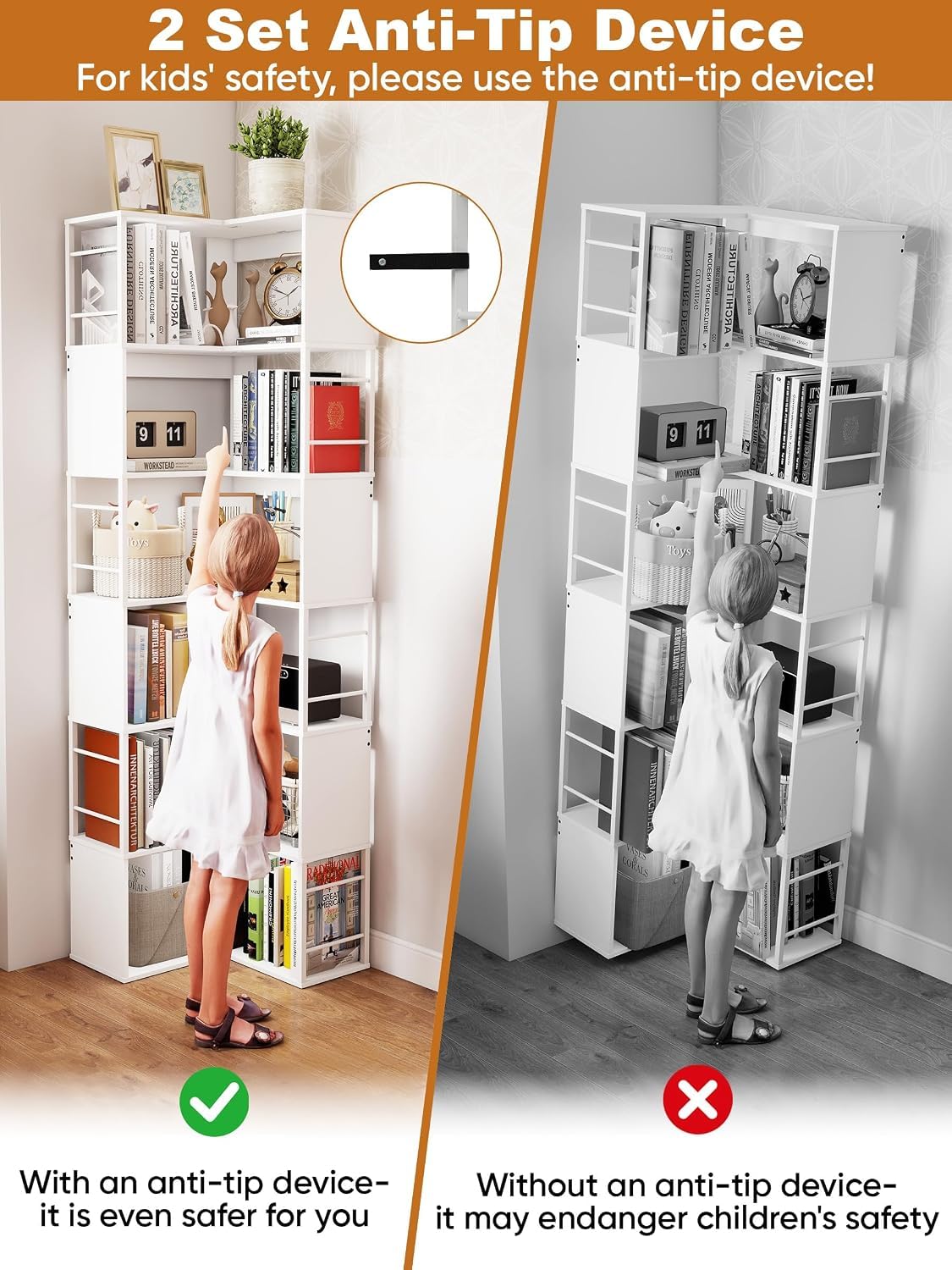 Quikraen 7-tier Corner Bookshelf, Tall L-Shaped Bookcase，White