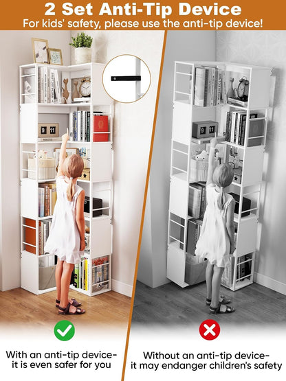Quikraen 7-tier Corner Bookshelf, Tall L-Shaped Bookcase，White