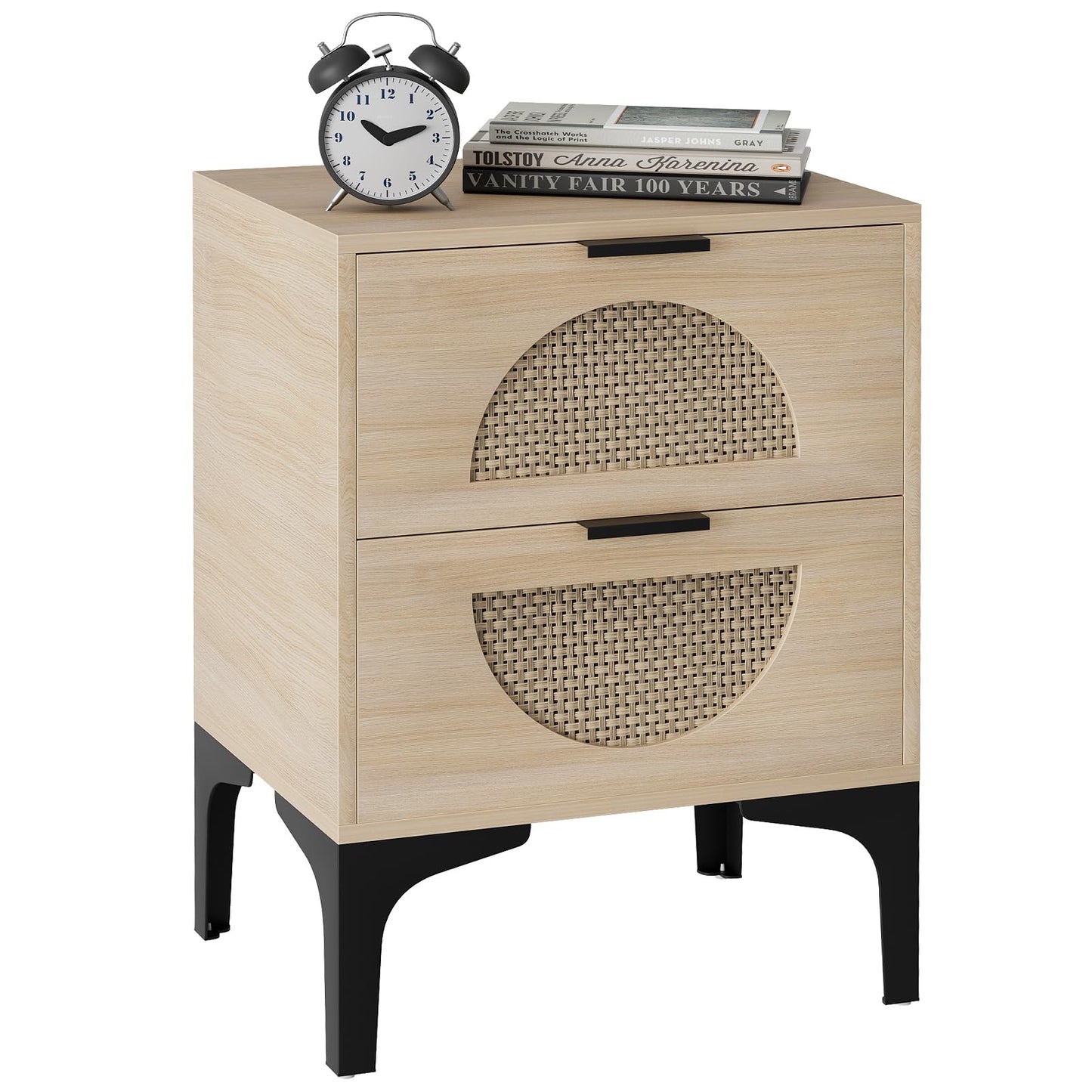 Huhote Bedside Table, Boho Wood Nightstand, Side Table with Rattan Decorated Drawers, Modern Bedside Cabinet, Bedroom End Table with Storage, Quick