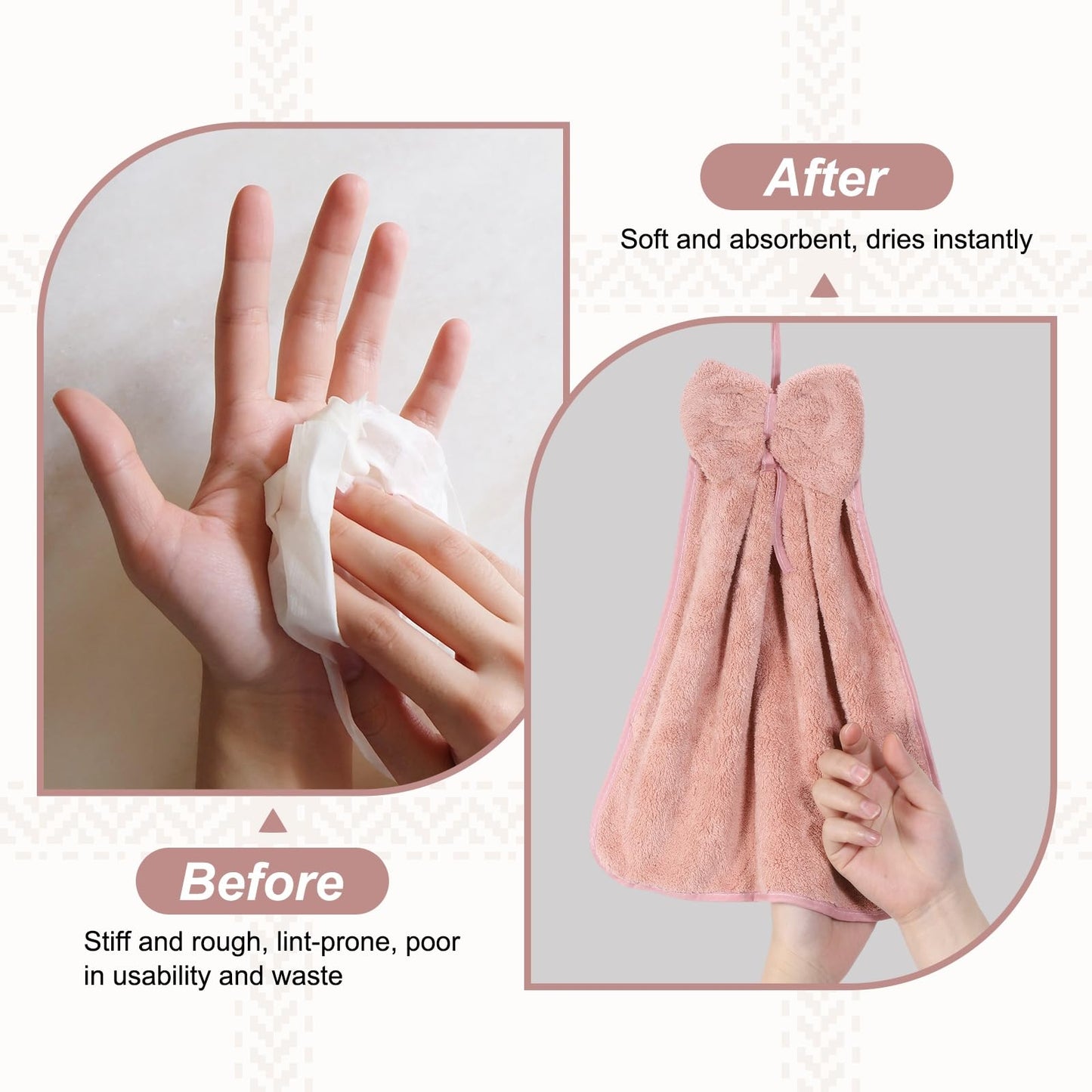 sourcing map 2Pcs Bow Hand Towels with Hanging Loop, 14.2" x 12.2" Soft Coral Fleece Microfiber Bowknot Hanging Hand Dry Towels Quick Dry and