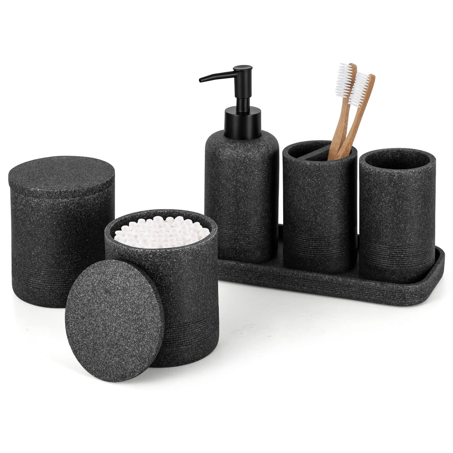 zccz Black Bathroom Accessory Set 6 Pieces - Bathroom Organiser with Tootbrush Holder, Lotion Soap Dispenser, Vanity Tray and 2 Qtip Holders - Modern