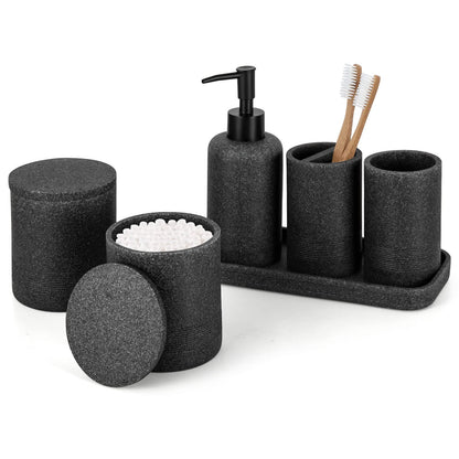 zccz Black Bathroom Accessory Set 6 Pieces - Bathroom Organiser with Tootbrush Holder, Lotion Soap Dispenser, Vanity Tray and 2 Qtip Holders - Modern