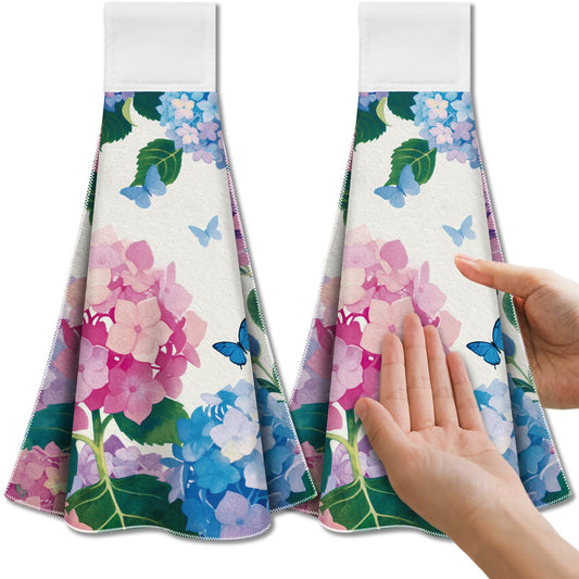 CUTHOLLOW Pink and Blue Hydrangea Hanging Kitchen Towels with Loop, Set of 2 - Soft & Super Absorbent Microfiber Decorative Hanging Dish & Hand Towel,