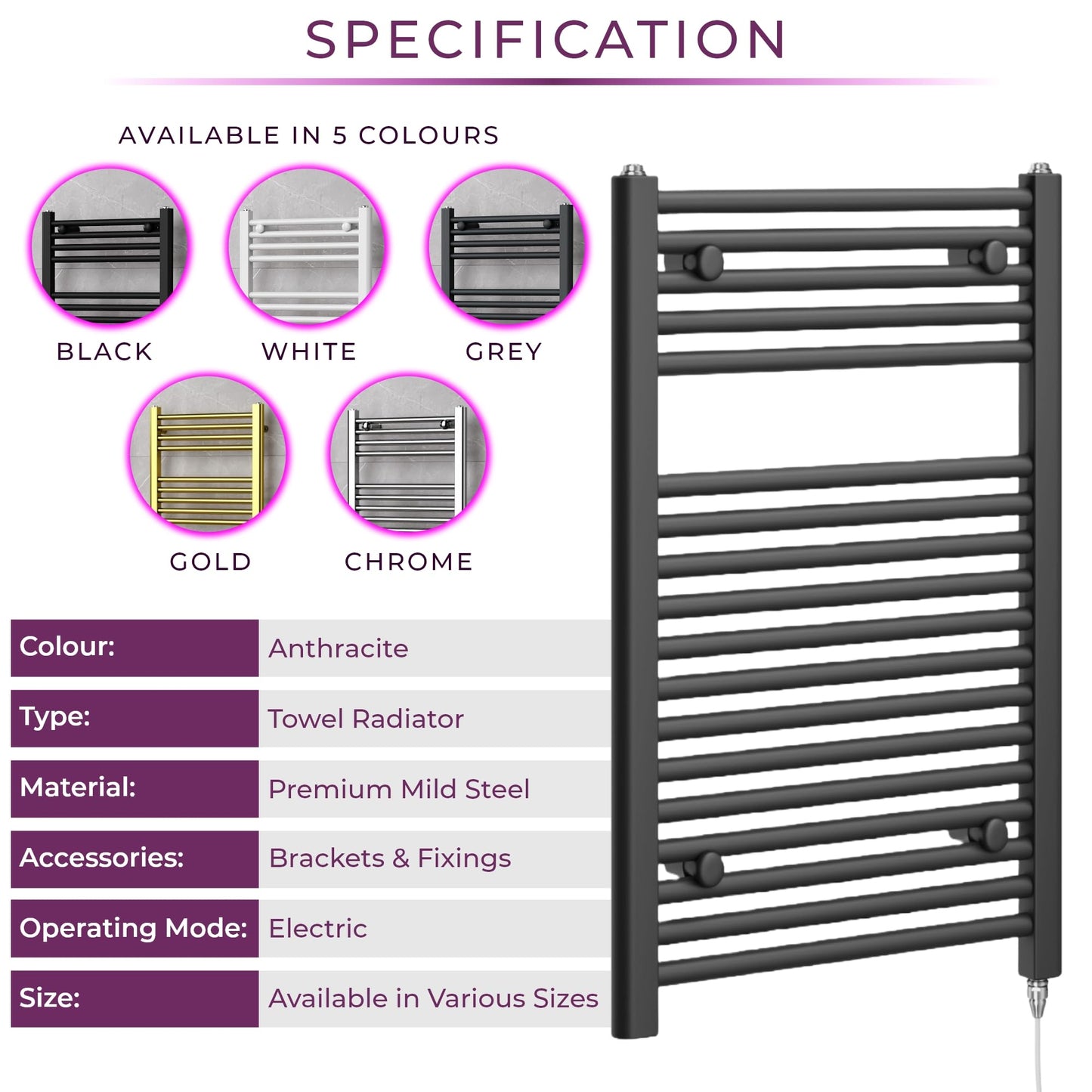 Newark Anthracite Electric Heated Towel Rail Wall Mounted Slim Ladder Design Bathroom Radiator - 770mm x 500mm
