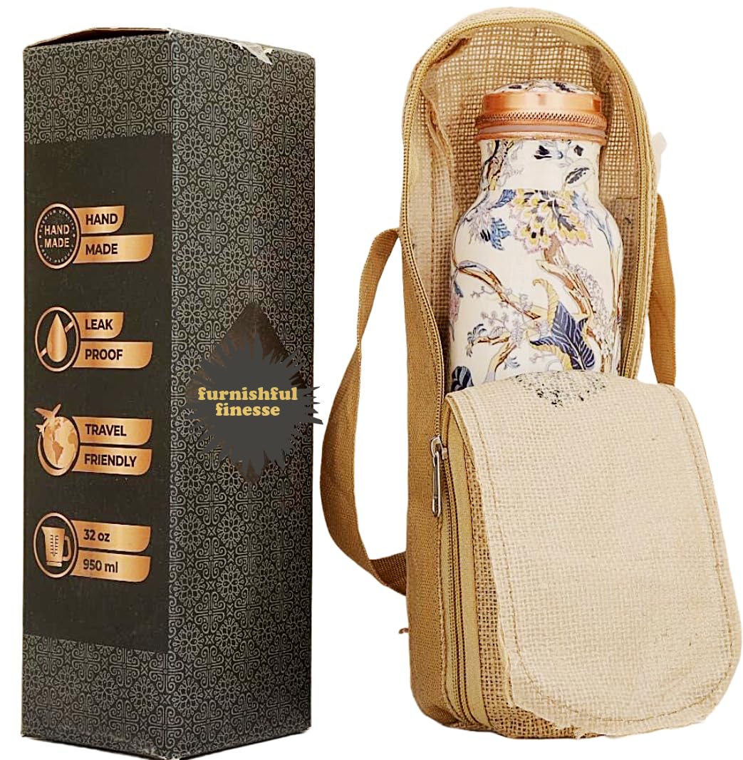 34 Oz Pure Copper Water Bottle With Ayurvedic Benefits, Printed Copper Bottle With Carry Bag For Drinking Leak Proof Handcrafted Copper Water Vessel