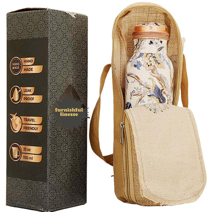 34 Oz Pure Copper Water Bottle With Ayurvedic Benefits, Printed Copper Bottle With Carry Bag For Drinking Leak Proof Handcrafted Copper Water Vessel