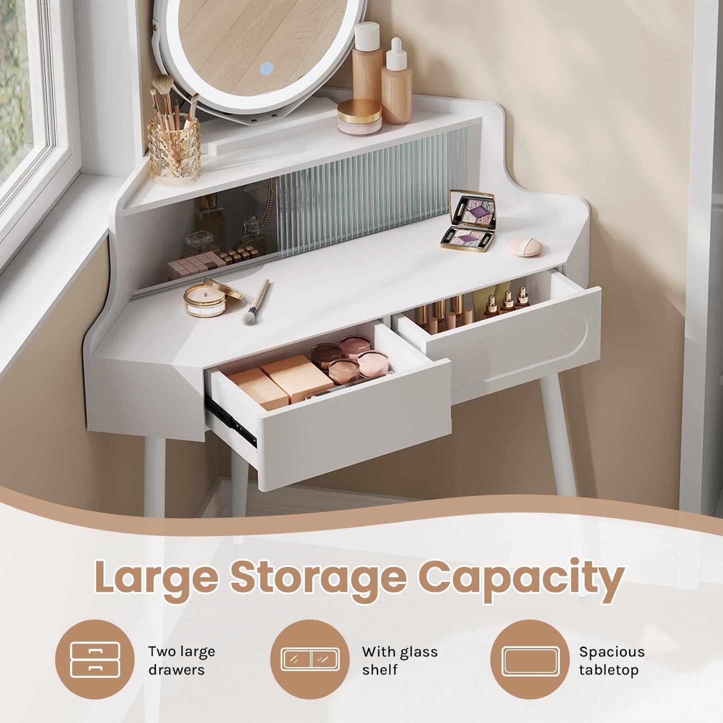 WOLTU Dressing Table with Mirror, Corner Vanity Desk, Bedroom Dressing Table with 2 Drawers 1 Closed Compartment, White Mirrored Desk