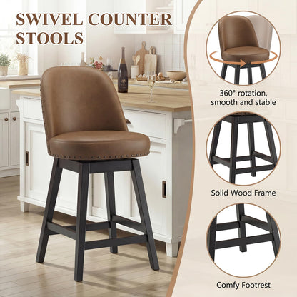 Bar Stools Set of 2, 360° Swivel Counter Stools with Upholstered Seat, Wooden Frame & Nailhead Trim