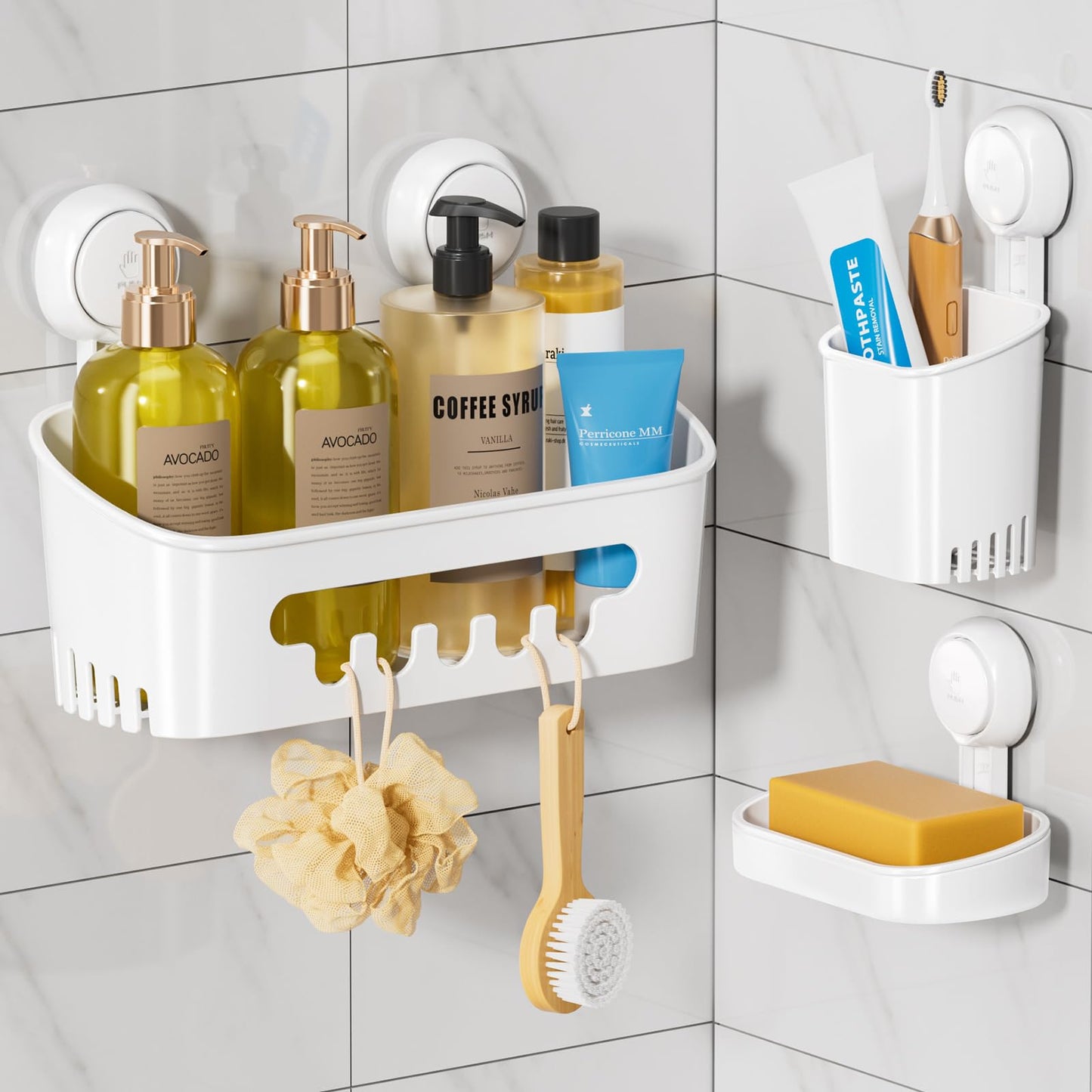 TAILI Suction Cup Shower Caddy & Soap Holder & Toothbrush Holder NO-Drilling Removable Bathroom Organizer Set Powerful Heavy Duty Waterproof Caddy