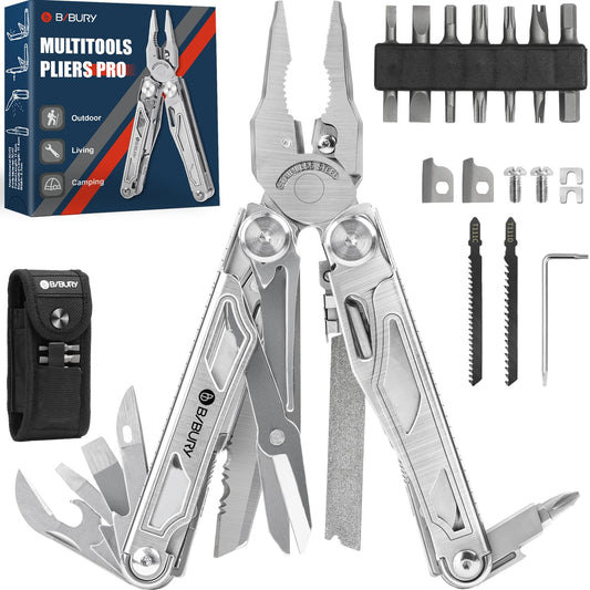 BIBURY Multitools, Multi Tool Foldable Pliers with Upgraded Scissors and Screwdriver Set, Stainless Steel Multitools with Nylon Pouch, Ideal for