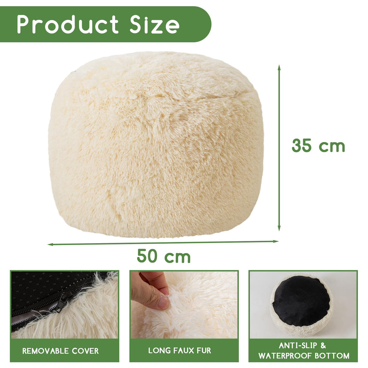 HIGOGOGO Faux Fur Beanbags Round Footstool Bean Bag Pouf with Foam Chunk Filling, 50 x 35 cm Floor Poufs Foot Rest for Living Room, Beige