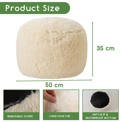 HIGOGOGO Faux Fur Beanbags Round Footstool Bean Bag Pouf with Foam Chunk Filling, 50 x 35 cm Floor Poufs Foot Rest for Living Room, Beige