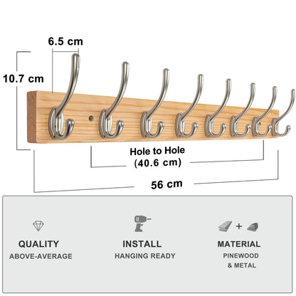 HONSKY Wall Coat Rack - 8 Double Hooks (56cm) | Wooden & Metal Towel/Coat Hanger for Entryway, Bathroom, Bedroom, Garage | Easy Install
