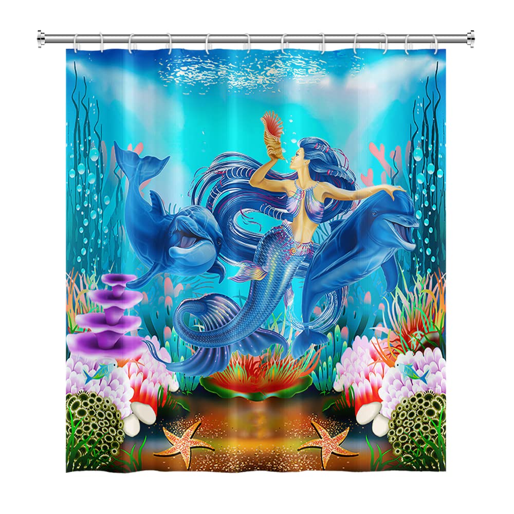 SDOTPMT 105x160cm Mermaid Whale Shower Curtain Marine Animal Seaweed Coral Reef Starfish Bath Curtain Underwater Seascape Bathtub Curtain for