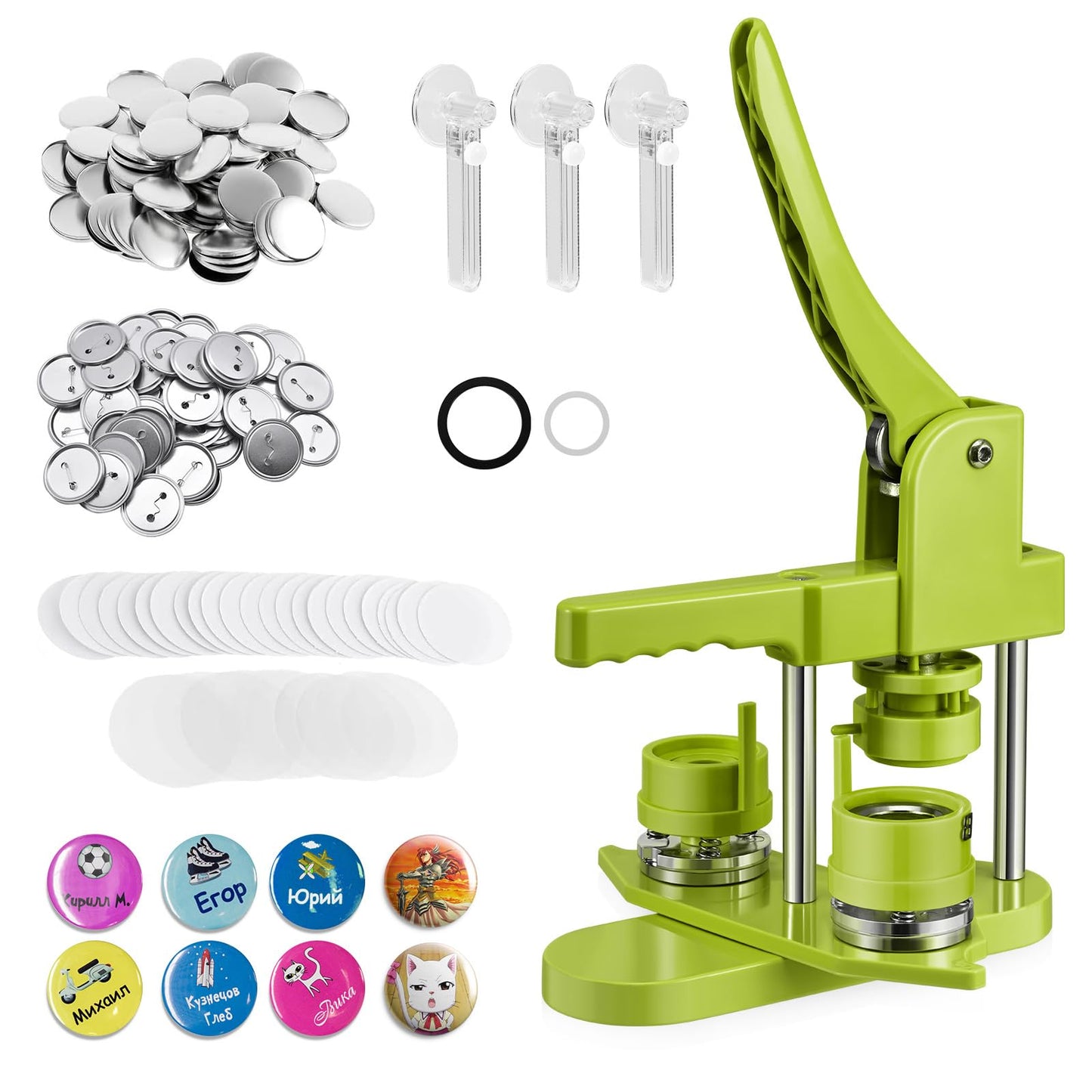 Button Maker Badge Machine Multi-Size 25+32+58 mm 300 Metal Pin Back Button Sets, DOYFAY Badge Press Machine with Molds, Plastic Washer & Round Paper