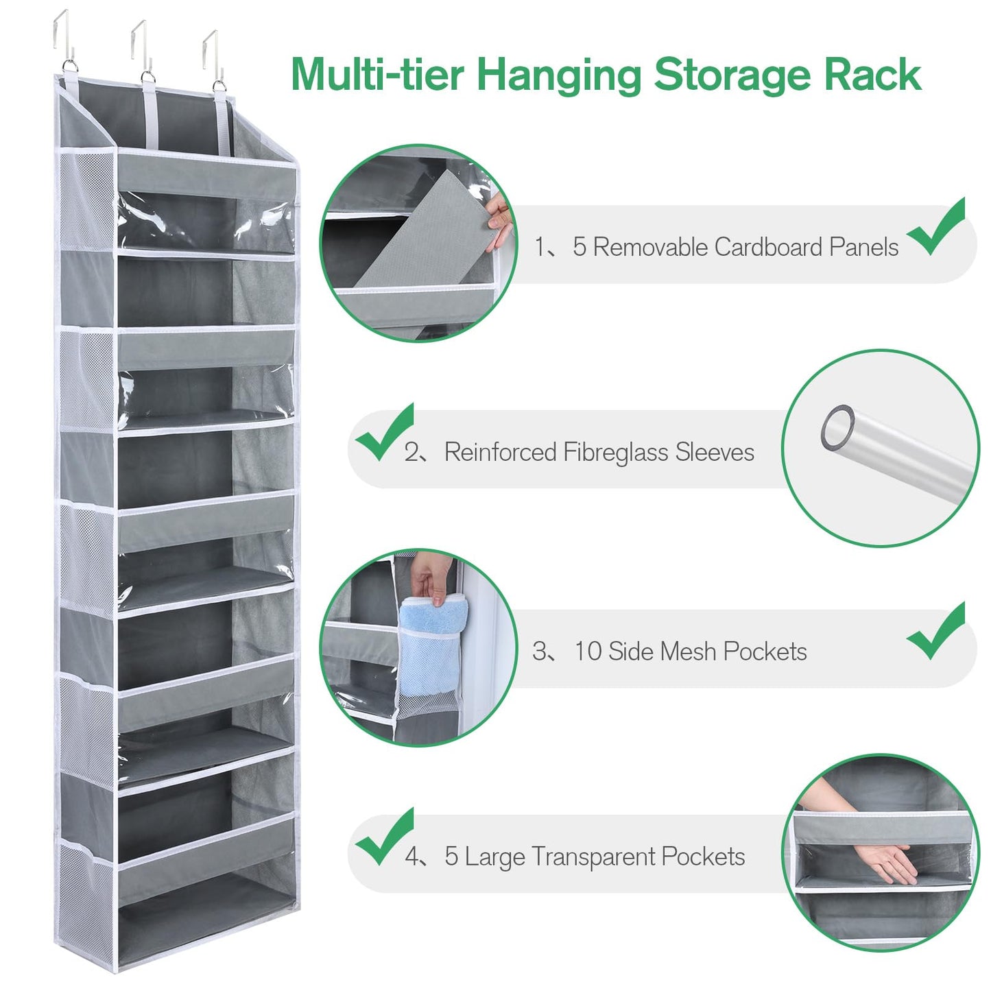 OTraki Wardrobe Organiser Hanging 140 x 39 x 17 cm, Hanging Organiser 5 Shelves Clear Window Hanging Storage with 10 Mesh Side Pockets
