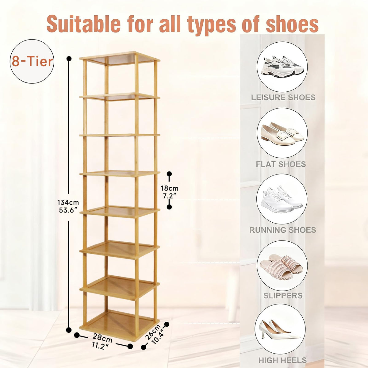 Aniston Bamboo Shoe Rack 8 Tier, Vertical Shoe Rack for Small Spaces, Free Standing Tall Narrow Shoe Organizer for Garage, Closet, Doorway, Corner