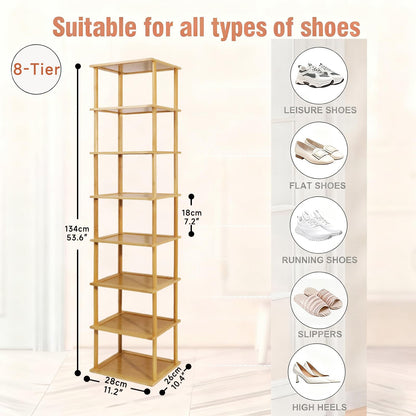 Aniston Bamboo Shoe Rack 8 Tier, Vertical Shoe Rack for Small Spaces, Free Standing Tall Narrow Shoe Organizer for Garage, Closet, Doorway, Corner