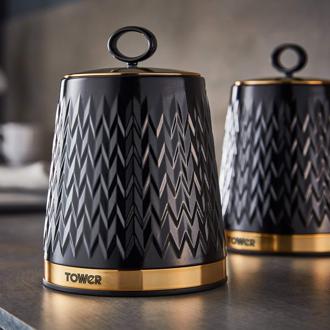 Tower T826091BLK Empire Set of 3 Storage Canisters for Tea Coffee Sugar, 1.3L, Black and Brass