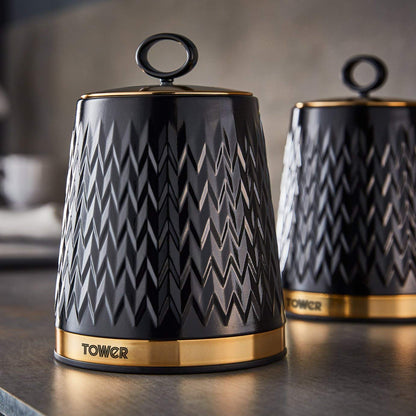 Tower T826091BLK Empire Set of 3 Storage Canisters for Tea Coffee Sugar, 1.3L, Black and Brass