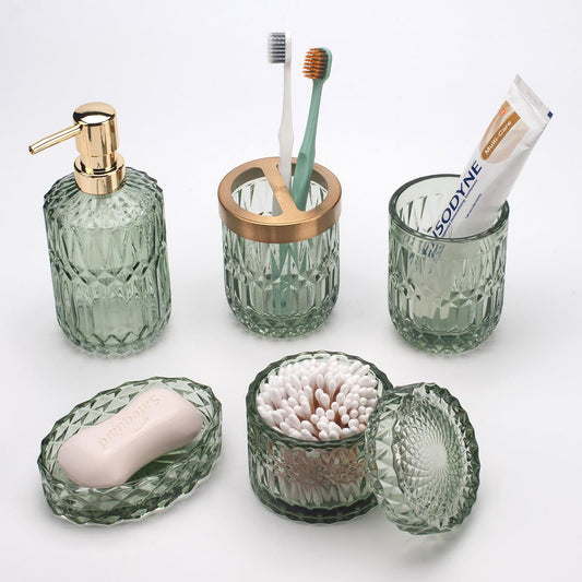 5PCS Green Glass Bathroom Accessories Sets of Lotion Dispenser, Soap Dish, Toothbrush Holder, Tumbler, Cotton Swab Jars, Modern Bath Decor, Vintage