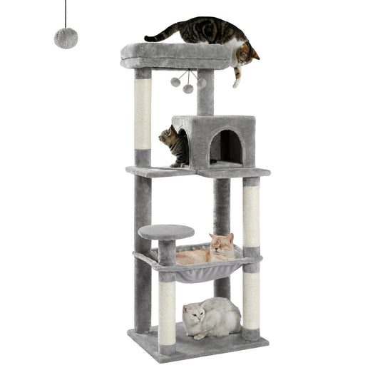 PAWZ Road Cat Tree, Big Cat Tower, Activity Center stable and sturdy, Cat Tree with hammock and lovely Cat House Grey 143cm/56.2"