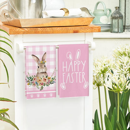 Artoid Mode Pink Buffalo Plaid Flowers Rabbit Happy Easter Kitchen Towels Dish Towels, 42x65 cm Spring Polyester Decoration Hand Towels Set of 2