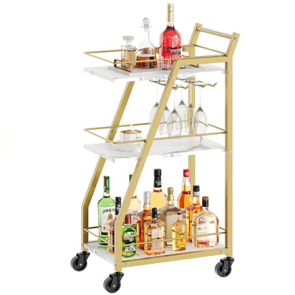 YATINEY Bar Cart, Drinks Trolley with Glass Holder, Serving Trolley on Wheels, Small Gold Bar Cart, Drinks Cart for Bar, Kitchen, Dining