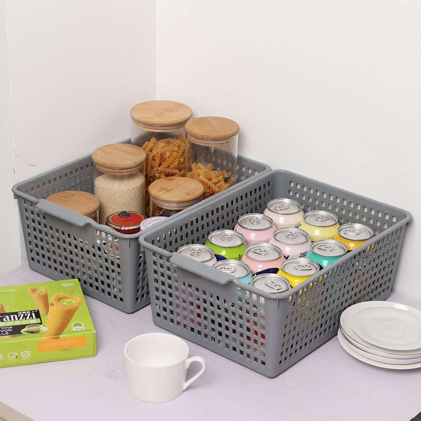Afromy Set of 3 Plastic Storage Baskets, Rectangular Weave Storage Basket Bin, Grey