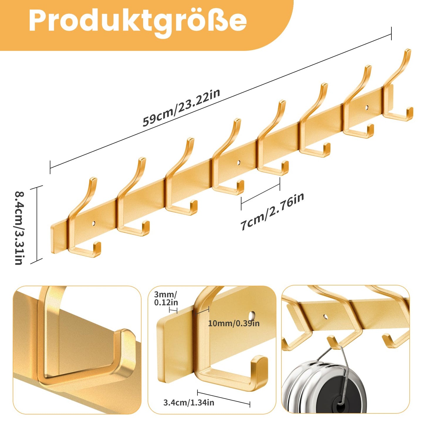 MEIJO Coat Hooks Wall Mounted Stainless Steel, Gold Coat Rack Wall Mounted with 8 Hooks Heavy Duty Coat Hooks for Door, Bathroom, Bedroom, Kitchen