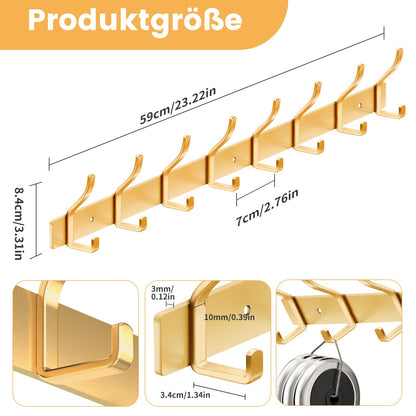 MEIJO Coat Hooks Wall Mounted Stainless Steel, Gold Coat Rack Wall Mounted with 8 Hooks Heavy Duty Coat Hooks for Door, Bathroom, Bedroom, Kitchen