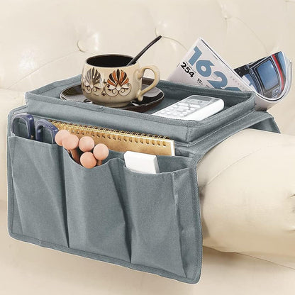 Sofa Armrest Organizer Candy Organizer with Tray & 5 Pockets, Foldable Couch Arm Rest Storage Bag Sofa Armchair Hanging Storage with Cup Holder for