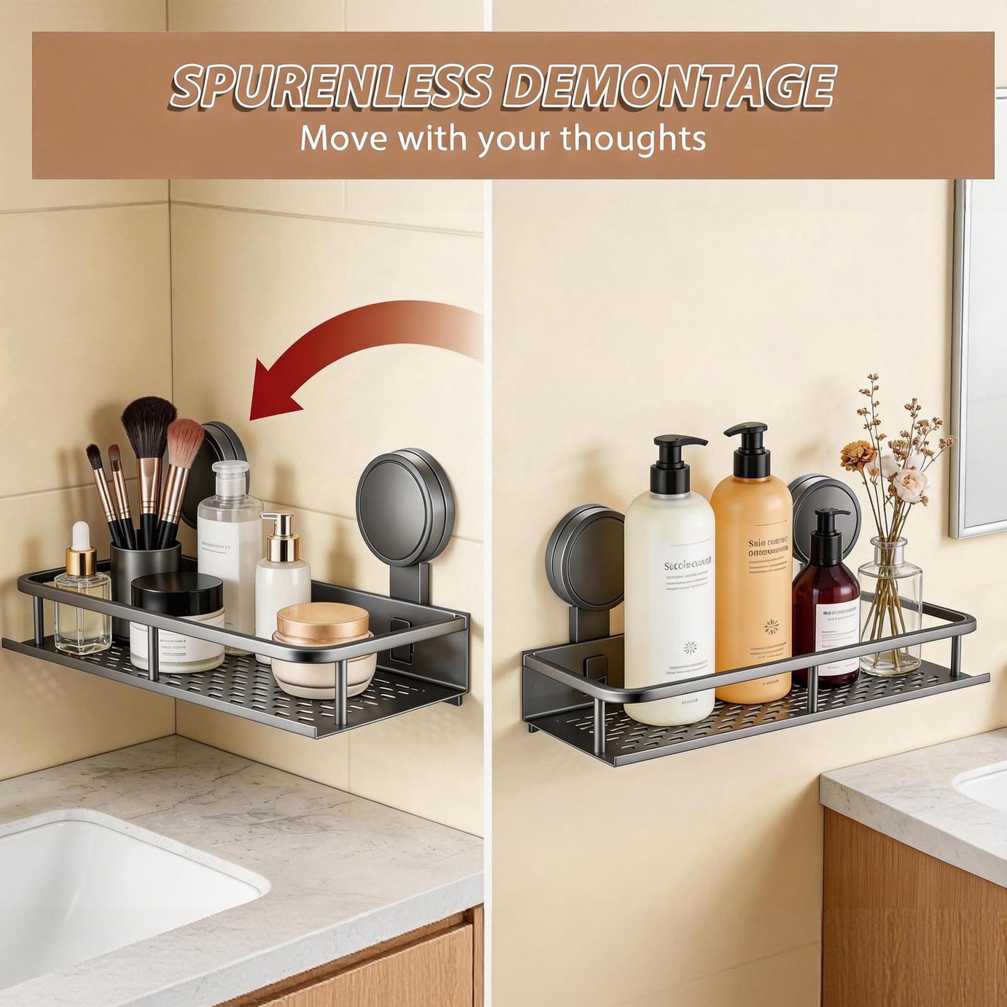 YancLife Suction Shower Caddy - Grey Suction Cup Shower Organiser, No Drilling Storage Basket for Spice Jars and Shampoo