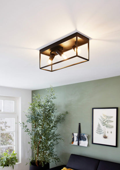 Eglo Silentina Flush Ceiling Light, Industrial Design Living Room, Kitchen, Hallway Lighting, Black Steel Ceiling Light Fitting, E27 Socket