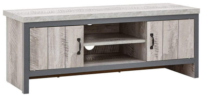 GFW Boston Grey Wood Effect TV Cabinet, 2 Door TV Unit with Open Media Shelf, Industrial Entertainment Stand for Living Room