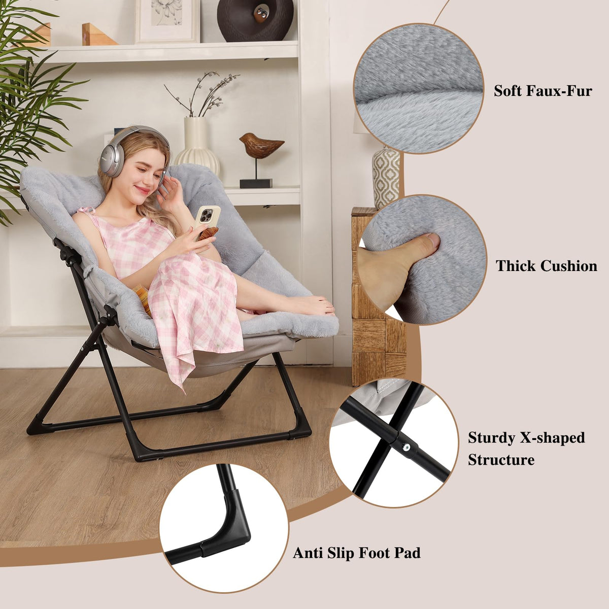 Mordchil EU Armchair Saucer Chair, Comfy Faux-Fur Reading Chair for Bedroom, Oversized Accent Moon Chairs for Teens and Adults