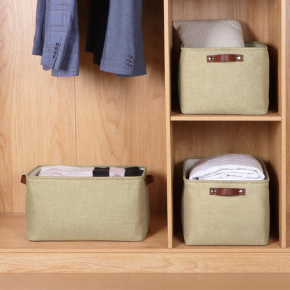 Syeeiex Large Storage Baskets for Shelves with Leather Handle, 3 Pack Fabric Stoarge baskets for Organizing Home, Toys, Office, Clothes (Natural)