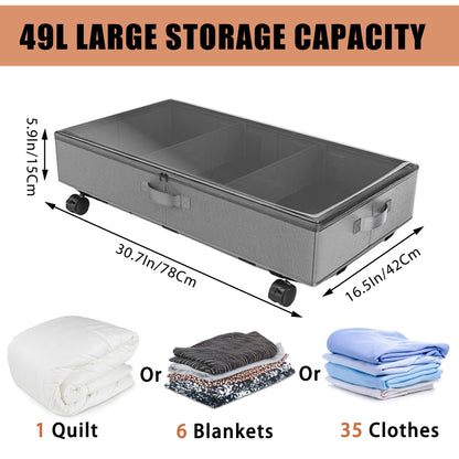 2 Pack Under Bed Storage Rolling Metal Frame Underbed Containers with Wheels Lid Visiable Window Storage Bag Box Organizer Home Closet Organization