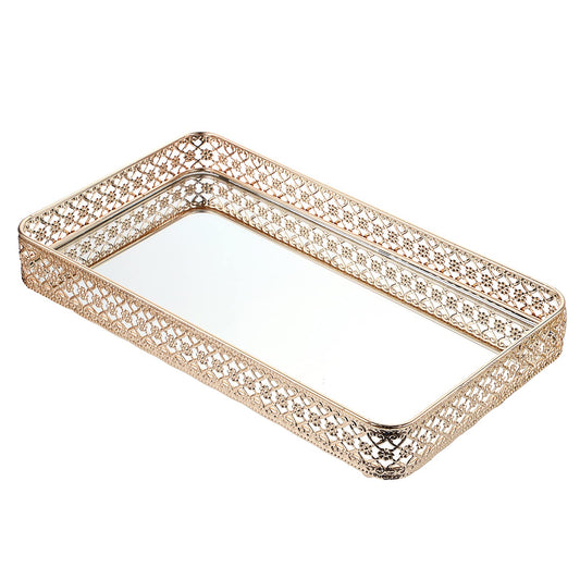 BSTKEY 35x20cm Vanity Mirror Tray Jewelry Trinket Tray, Decorative Tray for Cosmetic Makeup Dresser Bathroom Bedroom Countertop Organizer, Gold