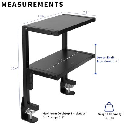 VIVO Clamp-on 33cm Above or Below Desk 2-Tier Shelving Unit for Table Accessories, Gaming Devices, and More, Storage Tray, Desktop Organizer, Black
