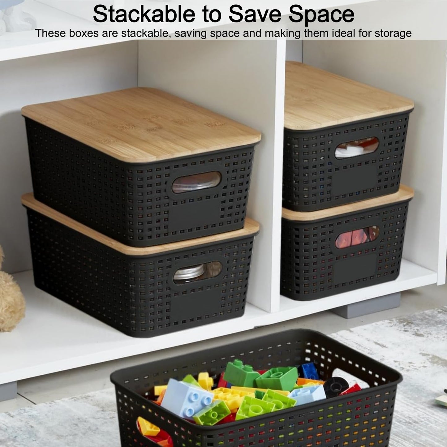 VIIHTYISA Plastic Storage Box with Bamboo Lid, Stackable Storage Baskets, Organizing Box for Shelves, Drawers, Desks, Cabinets, Playrooms and Offices