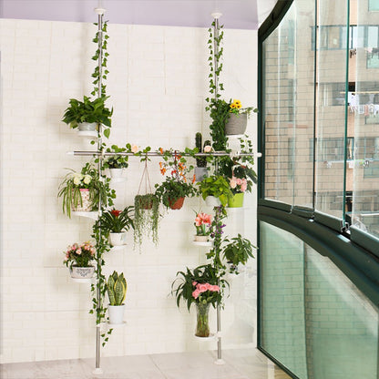 BAOYOUNI Indoor Plant Stands Spring Double Tension Pole Metal Flower Display Rack Space Saver Corner Floral Pot Storage Shelf with 12 Trays, 2 Hooks &