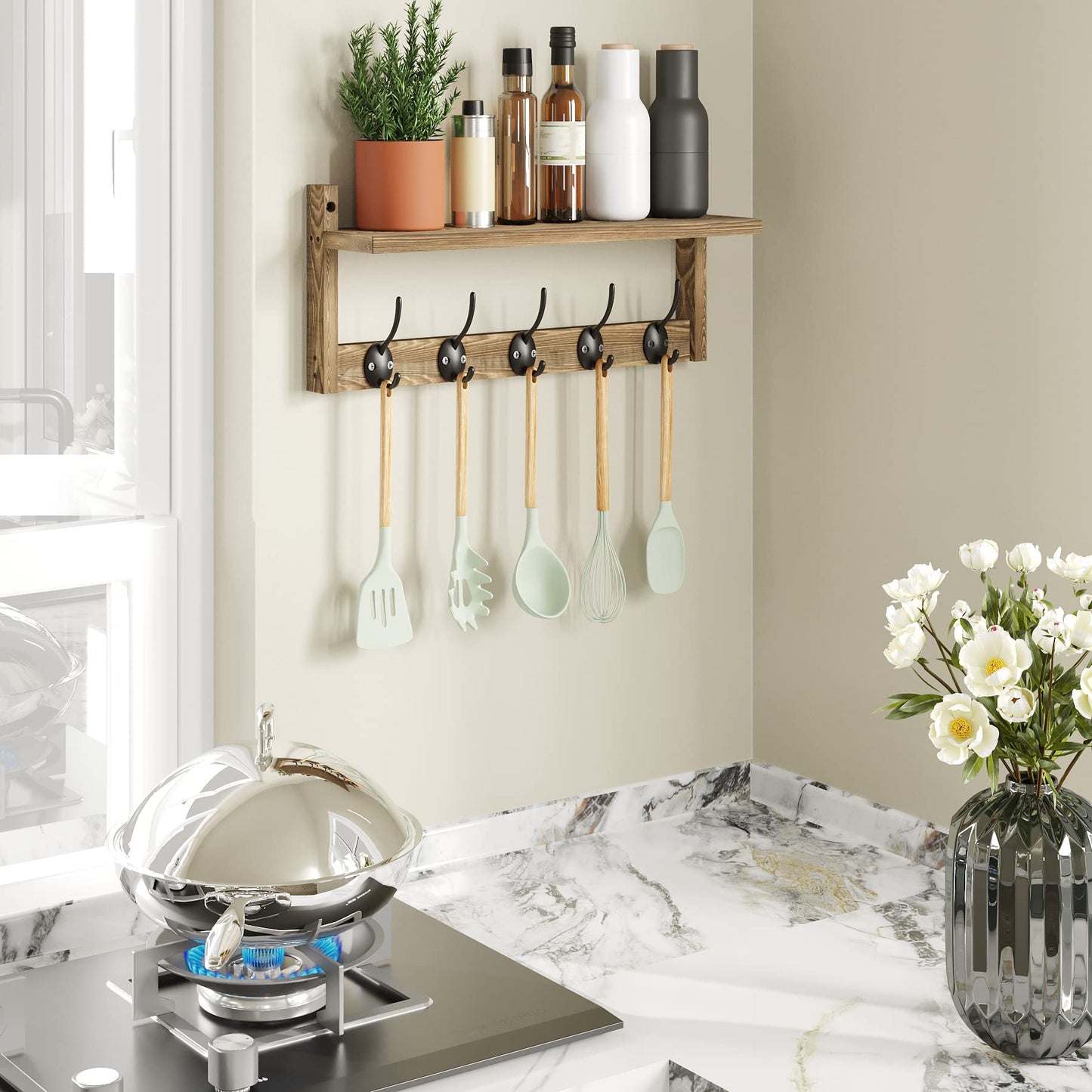 AMBIRD Wall Hooks with Shelf Entryway Wall-Mounted Shelf Wooden Coat Hook Rack Featuring 5 Dual Hooks for Bathroom, Living Room, Bedroom